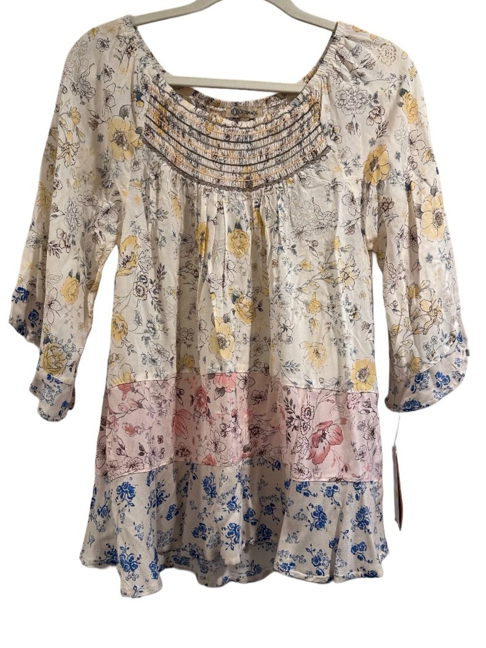 Democracy Floral Peasant Blouse - Smocked Boho Tunic Top Pastels NWT Size Medium - Picture 3 of 16